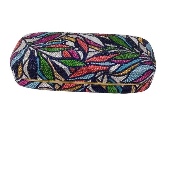 JUDITH LEIBER MULTICOLORED CRYSTAL EMBELLISHED LEAF DESIGN EVENING CLUTCH BAG - Picture 4 of 8